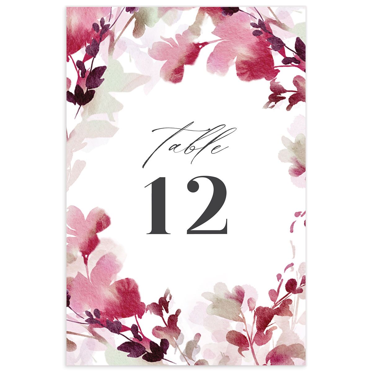 Watercolor Blooms Table Numbers front in burgundy
