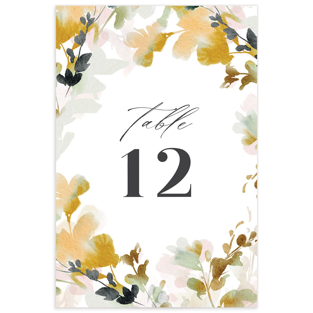 Watercolor Blooms Table Numbers front in Gold