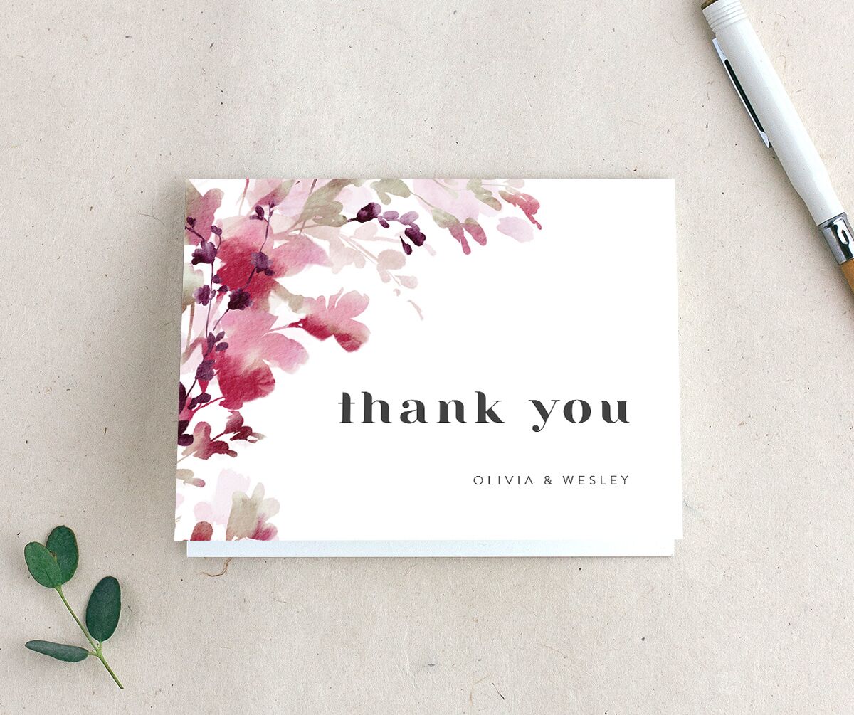 Watercolor Blooms Thank You Cards front in burgundy