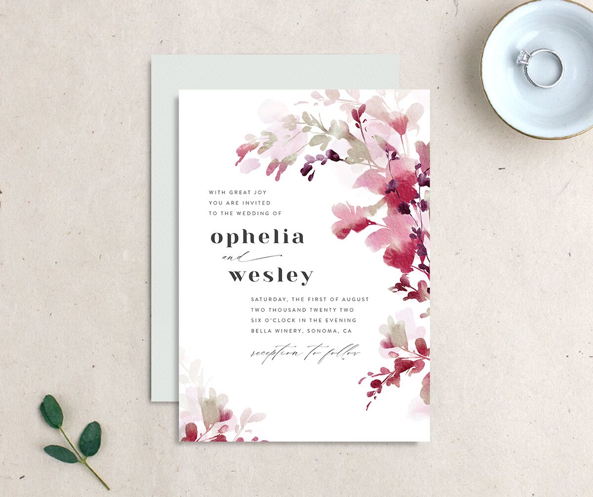 Watercolor Blooms Wedding Invitations front-and-back in burgundy