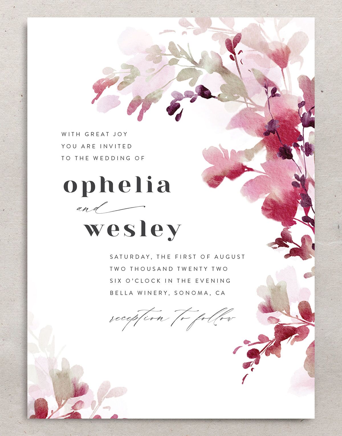 Watercolor Blooms Wedding Invitations front in burgundy
