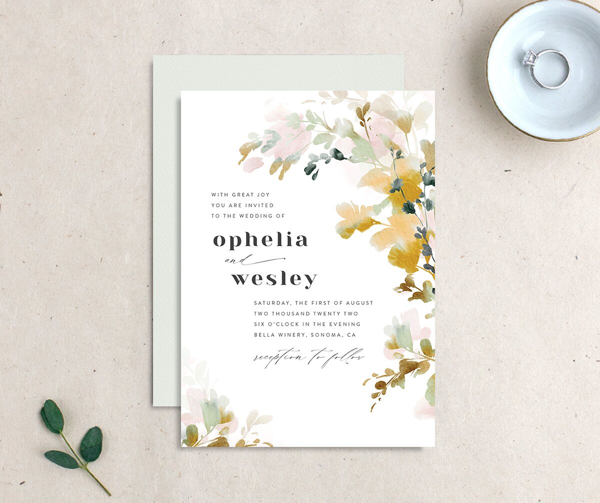Watercolor Blooms Wedding Invitations front-and-back in gold