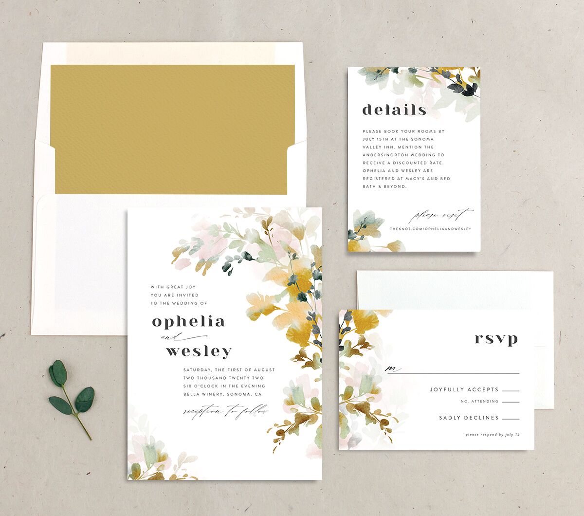 Watercolor Blooms Wedding Invitations suite in gold