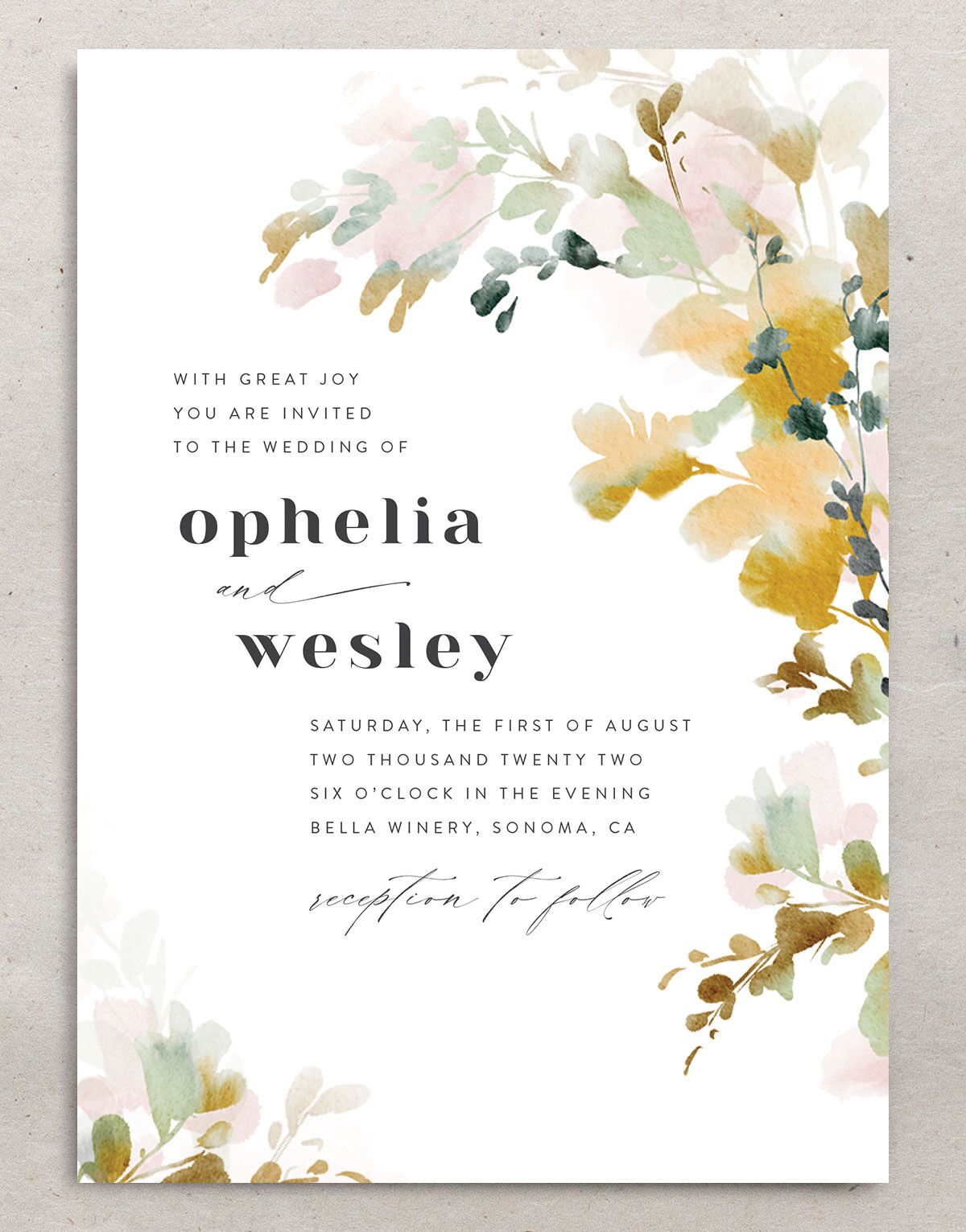 Graceful Floral Wedding Invitations front in gold