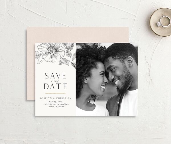 Botanical Floral Save The Date Cards front-and-back in Grey