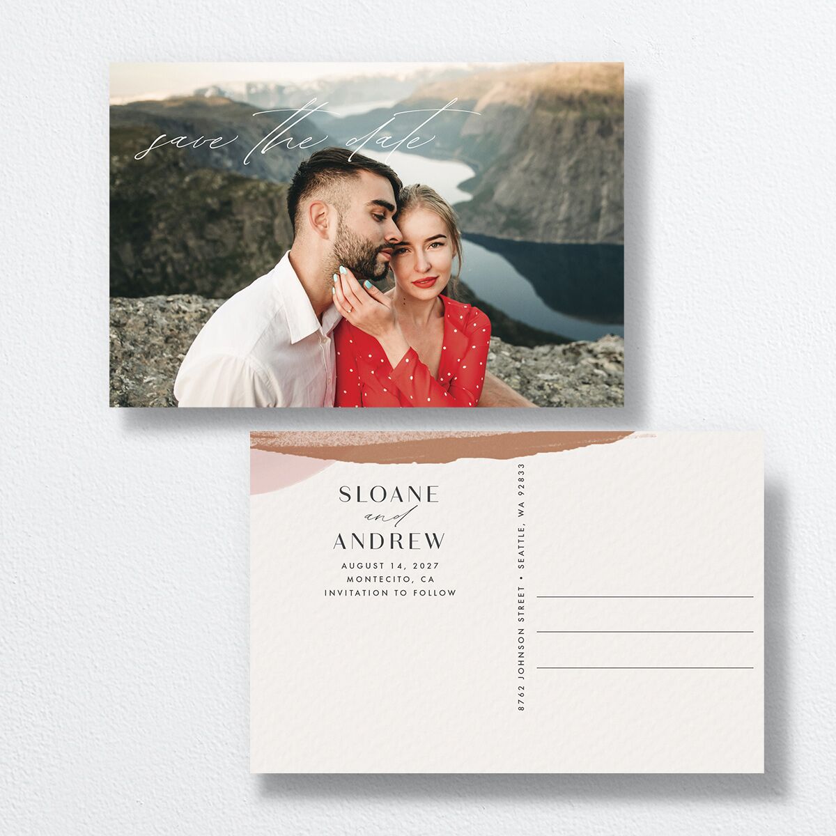 Abstract Watercolor Save The Date Postcards front-and-back in Teal