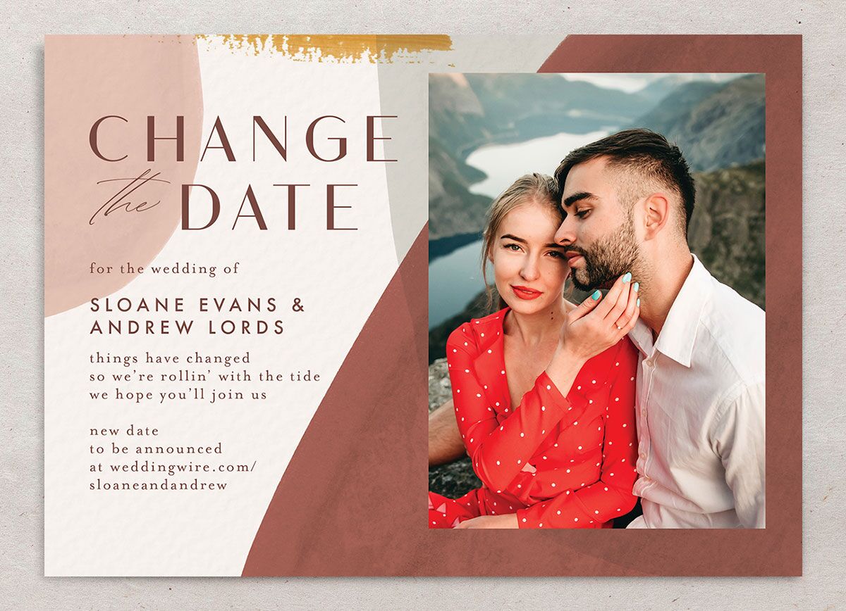 Contemporary Brushstroke Change the Date Cards front in gold
