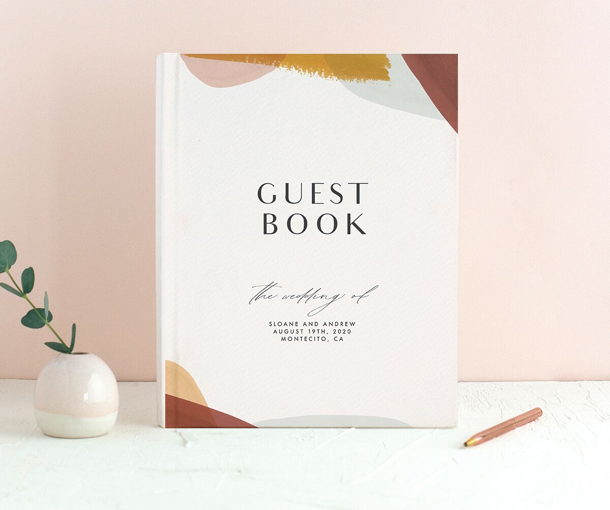 Contemporary Brushstroke Wedding Guest Book front in Gold