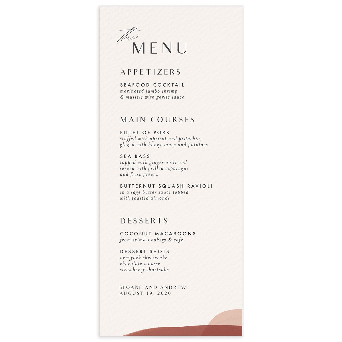 Contemporary Brushstroke Menus front in gold