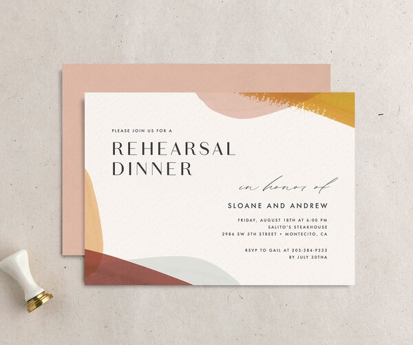 Contemporary Brushstroke Rehearsal Dinner Invitations front-and-back in Gold