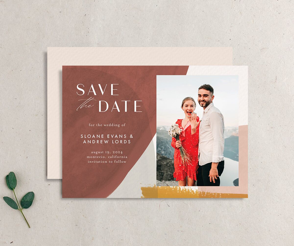 Contemporary Brushstroke Save the Date Cards front-and-back in gold