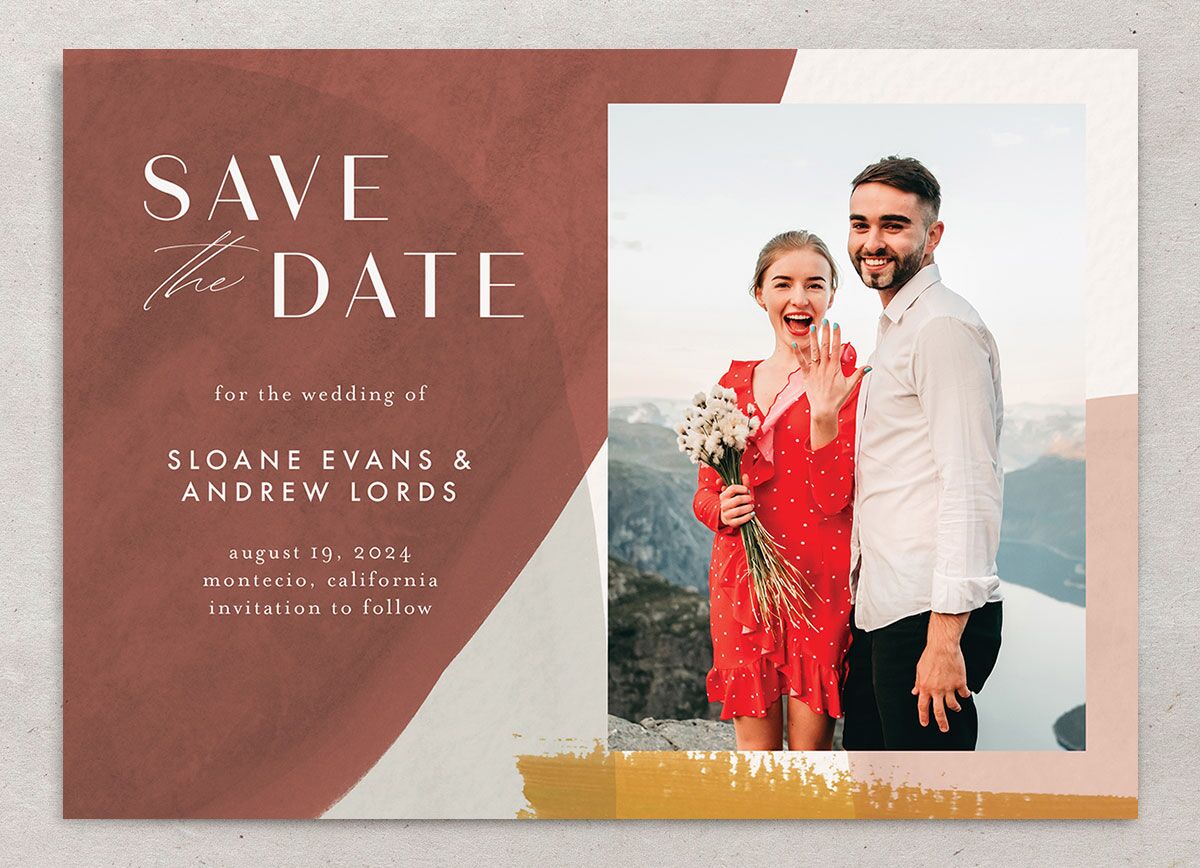 Contemporary Brushstroke Save the Date Cards front in gold