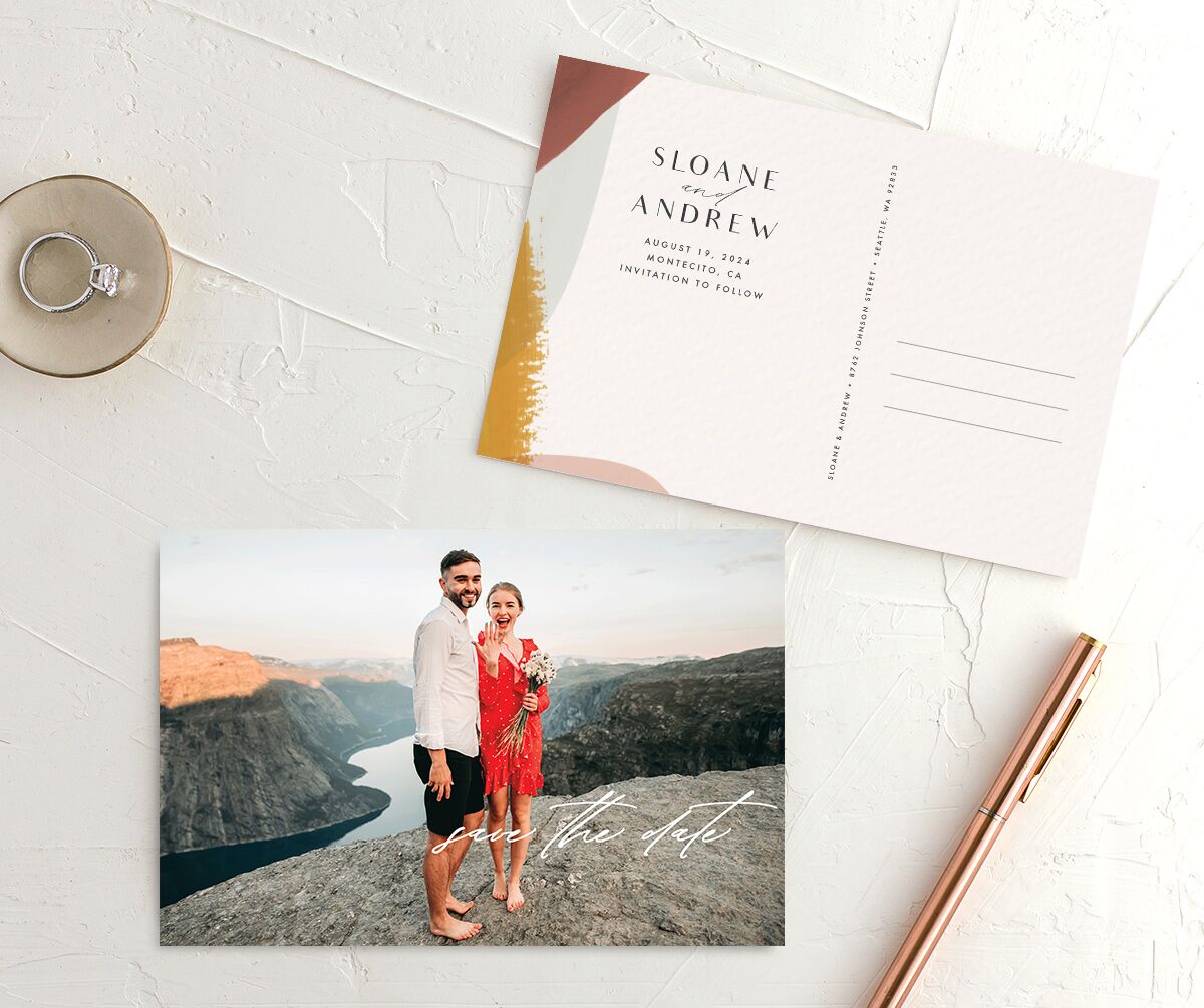 Contemporary Brushstroke Save the Date Postcards front-and-back in gold