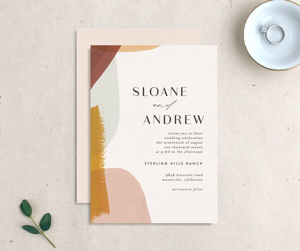 Contemporary Brushstroke Wedding Invitations front-and-back in Gold