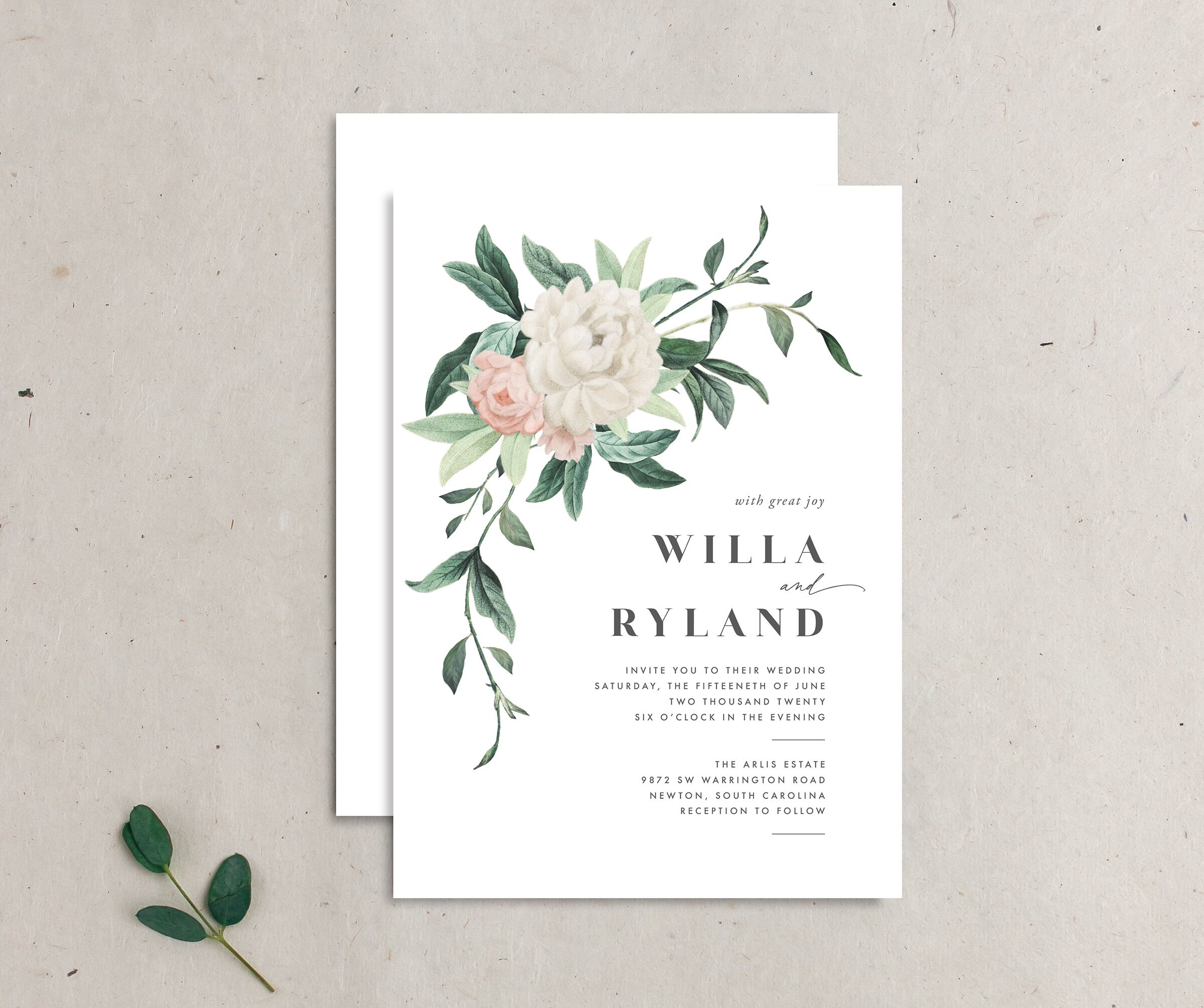 Elegant Peony Wedding Invitations front-and-back in white