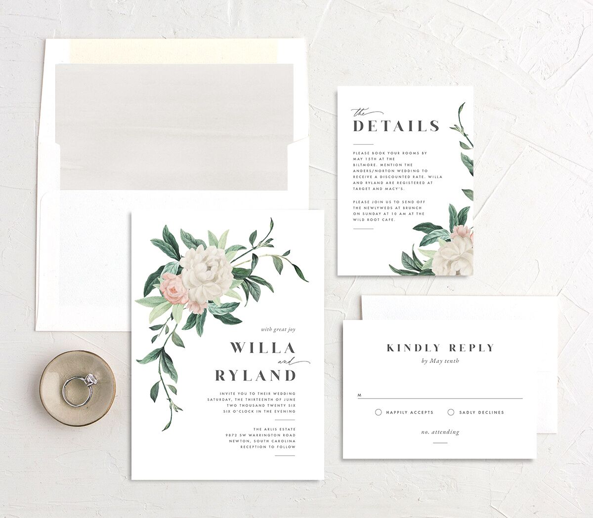 Elegant Peony Wedding Invitations Pure White Signature No