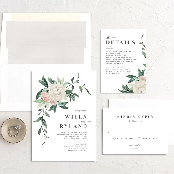 Elegant Peony Wedding Invitations Pure White Signature No