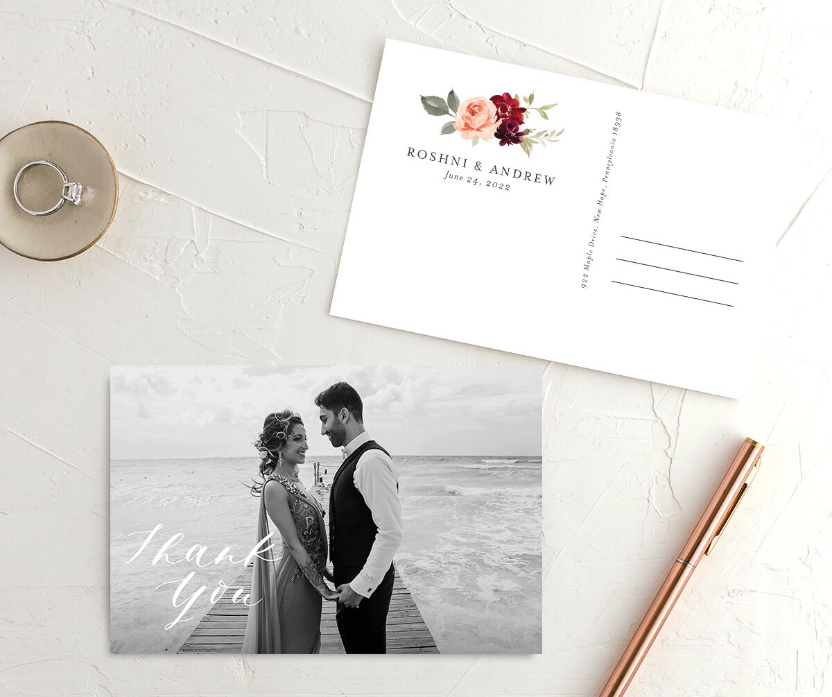 Vibrant Floral Thank You Postcards Deep Claret