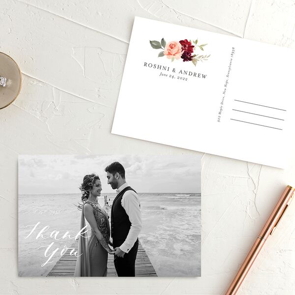 Vibrant Floral Thank You Postcards Deep Claret
