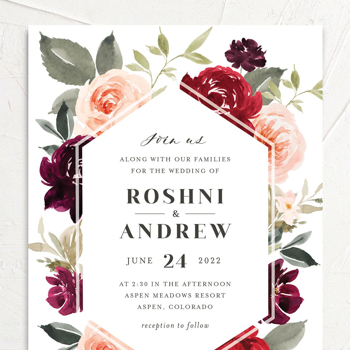 Vibrant Floral Wedding Invitations Deep Claret Signature No