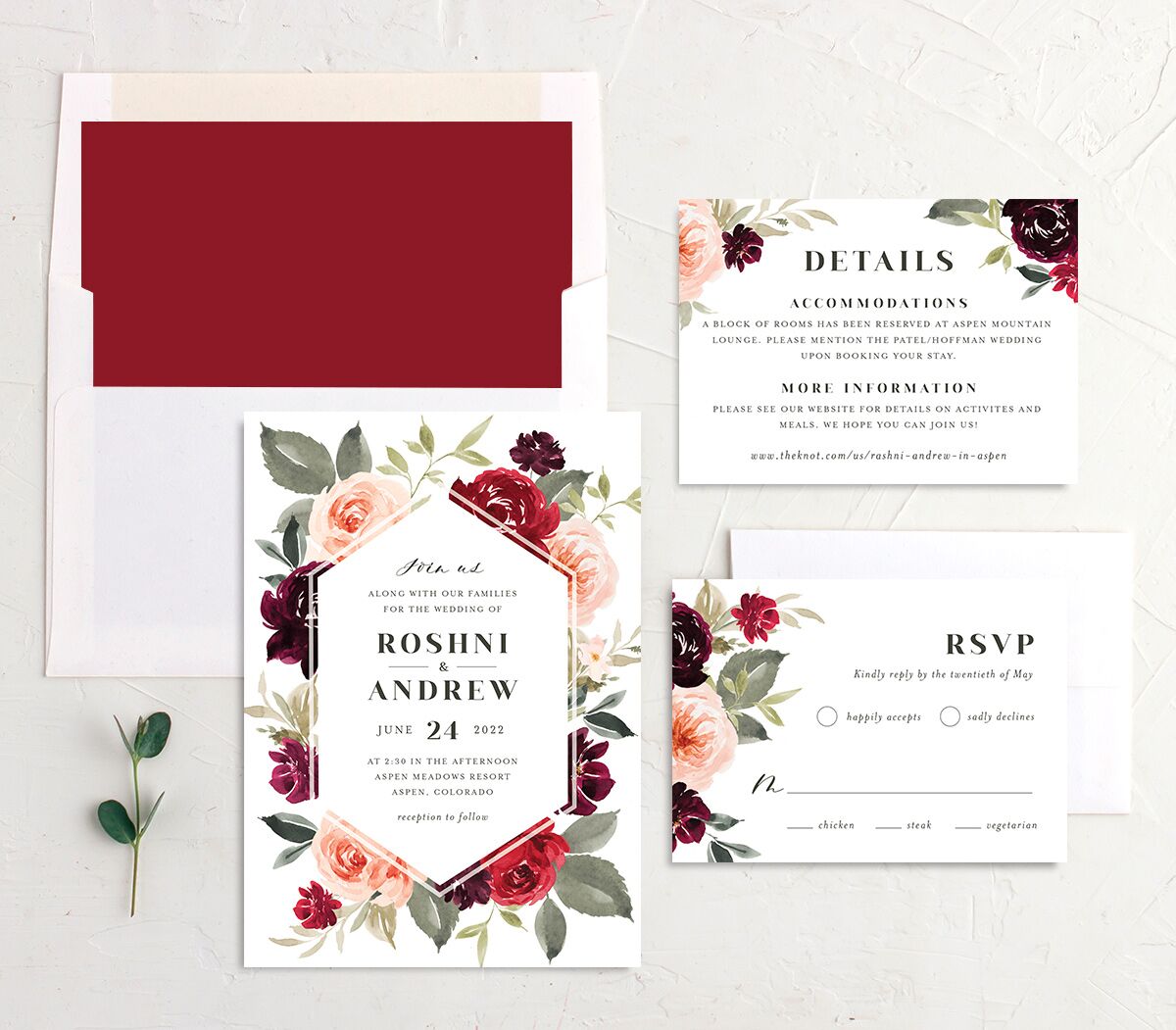 Vibrant Floral Wedding Invitations Deep Claret Signature No