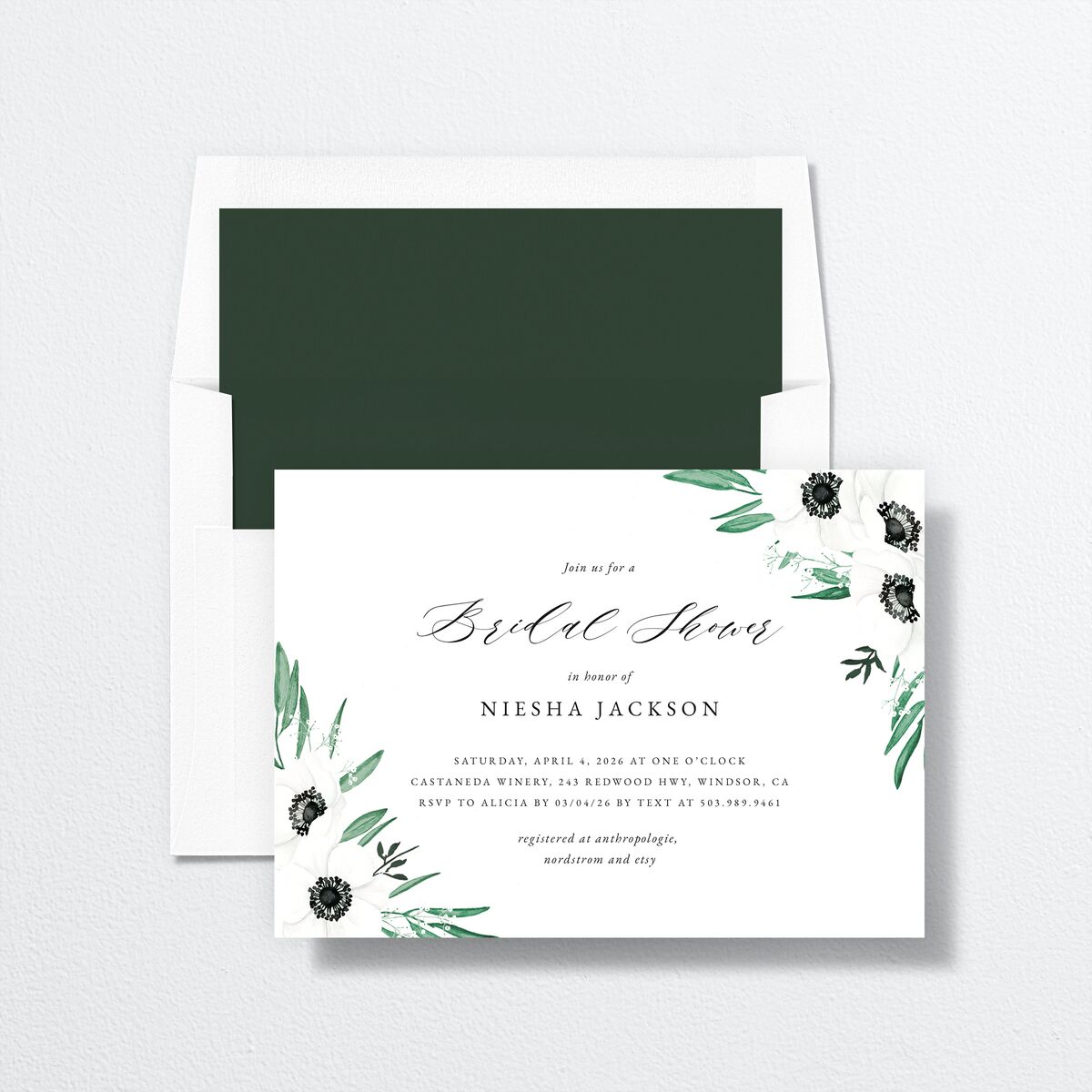 Classic Anemone Bridal Shower Invitations Hunter Green Signature