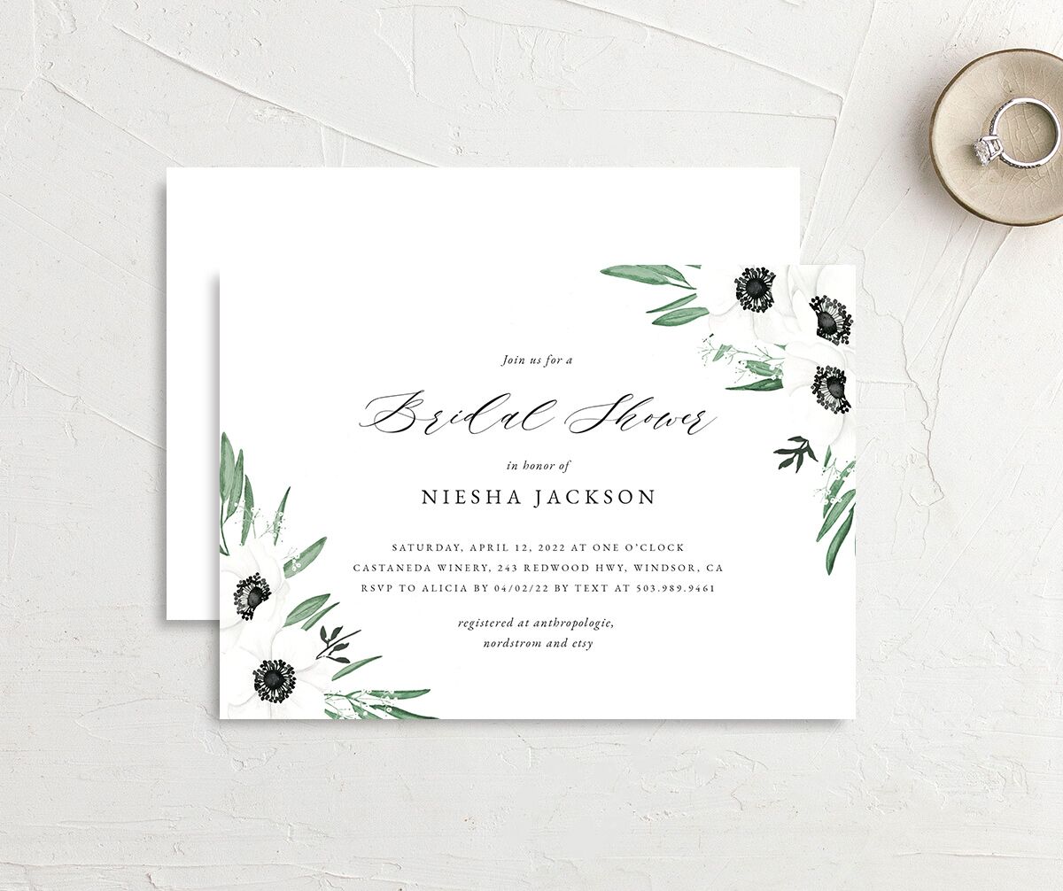 Elegant Windflower Bridal Shower Invitations front-and-back in green