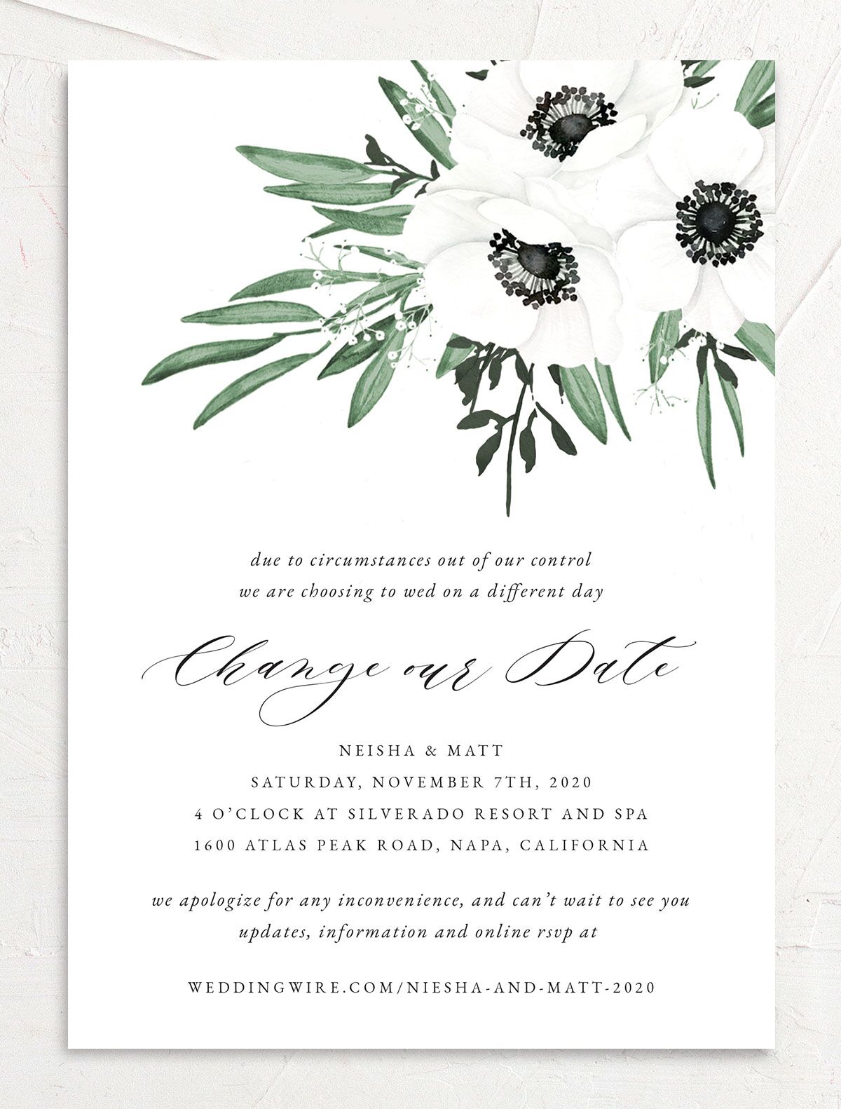 Elegant Windflower Change the Date Cards front in green