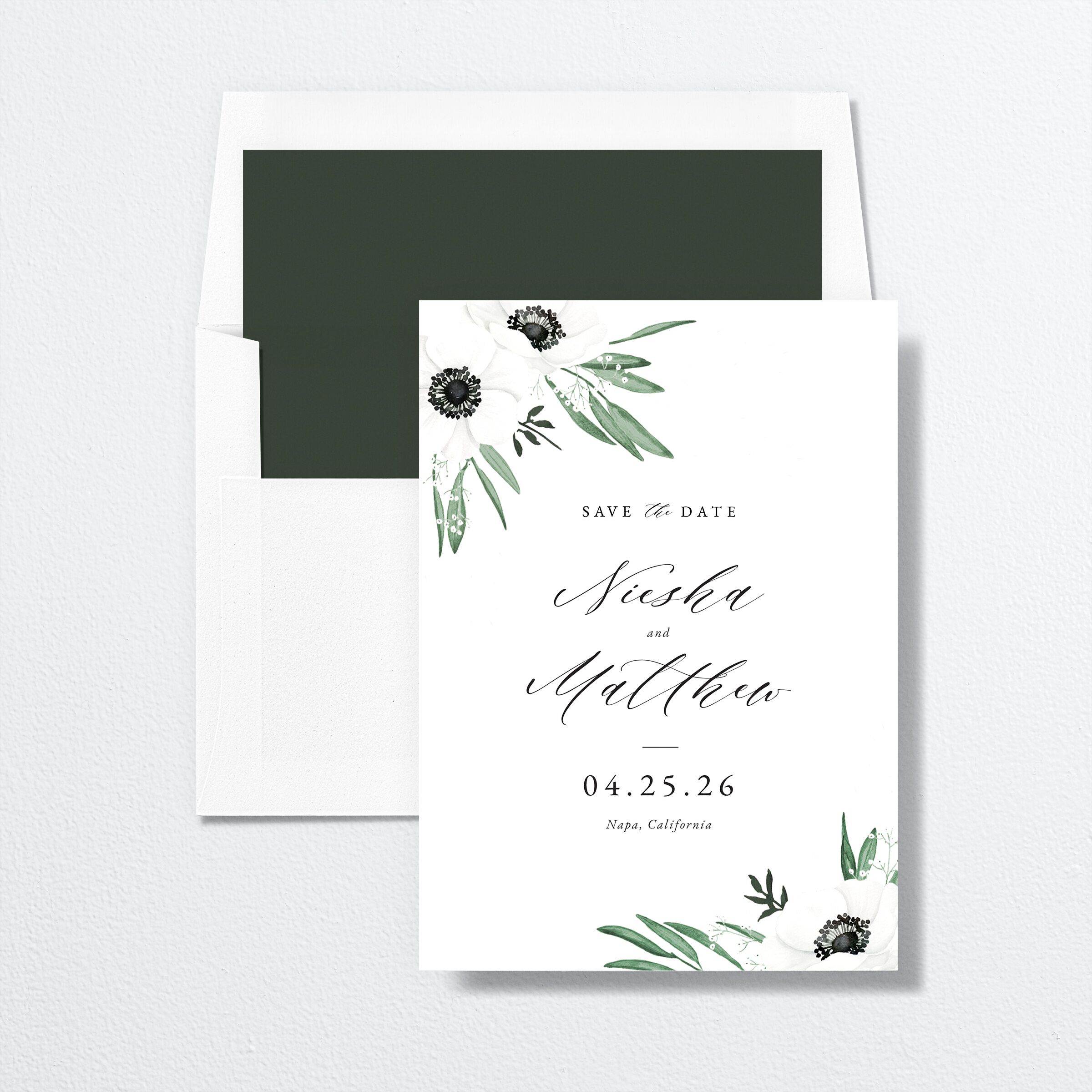 Elegant Windflower Save the Date Cards envelope-and-liner in green