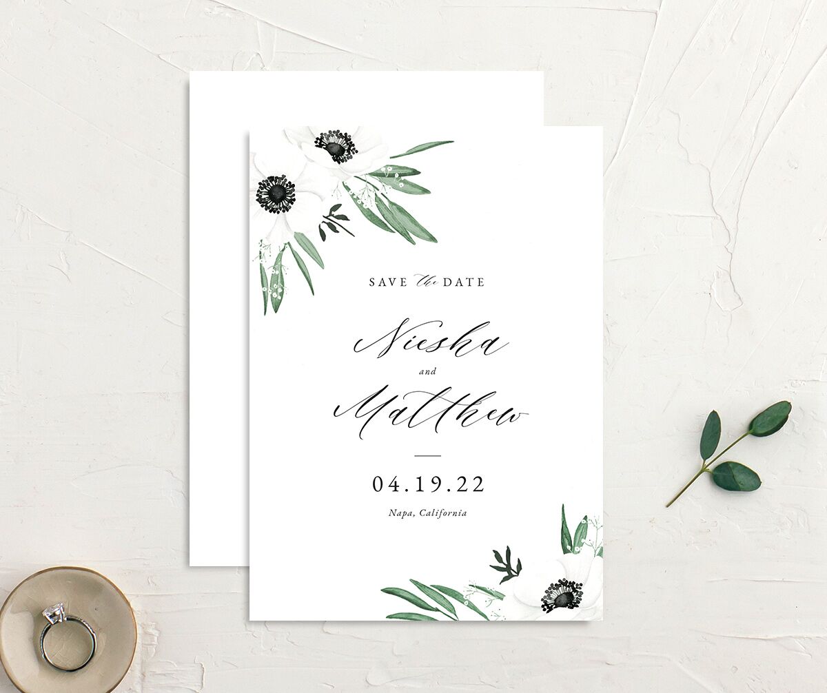 Elegant Windflower Save the Date Cards front-and-back in green