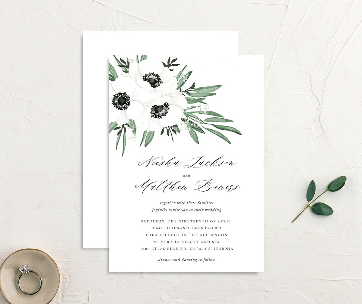 Elegant Windflower Wedding Invitations front-and-back in green