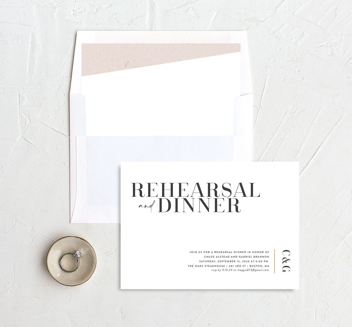 Contemporary Chic Rehearsal Dinner Invitations envelope-and-liner in white