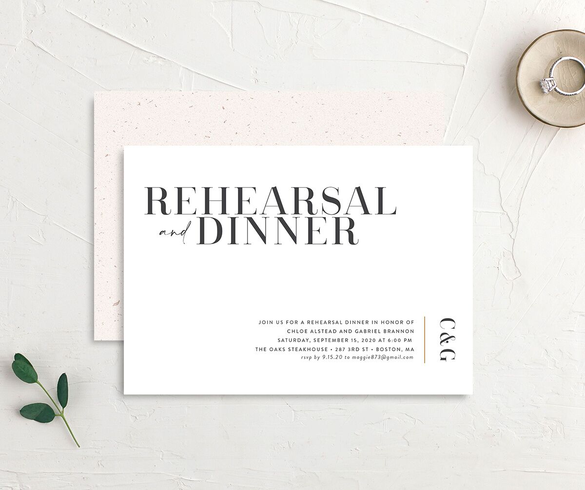 Contemporary Chic Rehearsal Dinner Invitations front-and-back in white