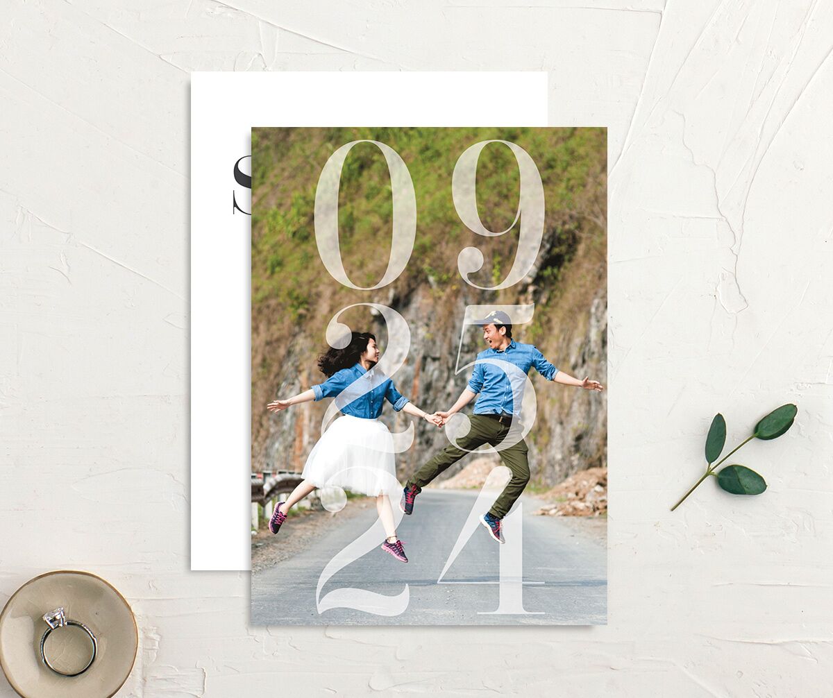 Contemporary Chic Save the Date Cards front-and-back in white