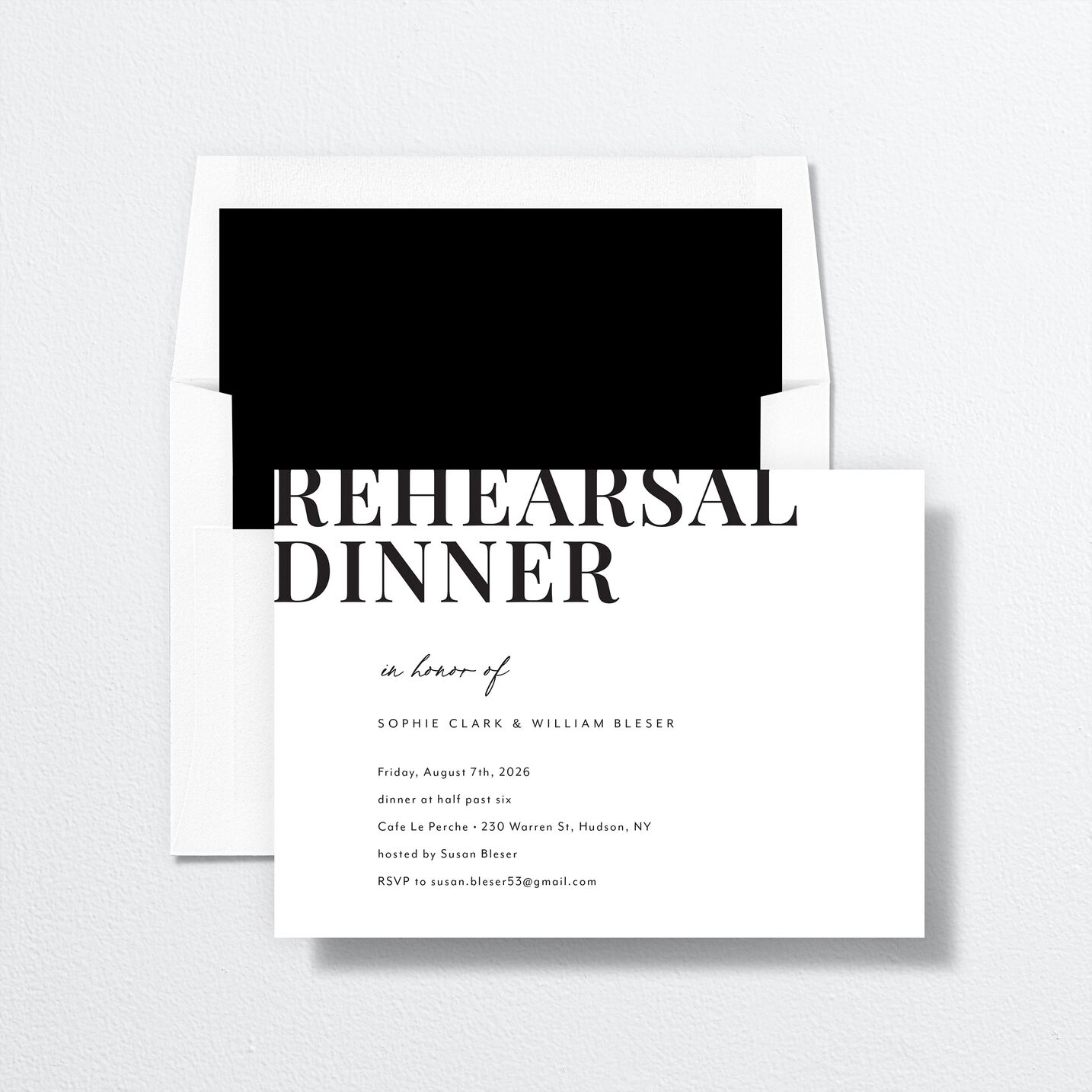 Modern Bodoni Rehearsal Dinner Invitations envelope-and-liner in white