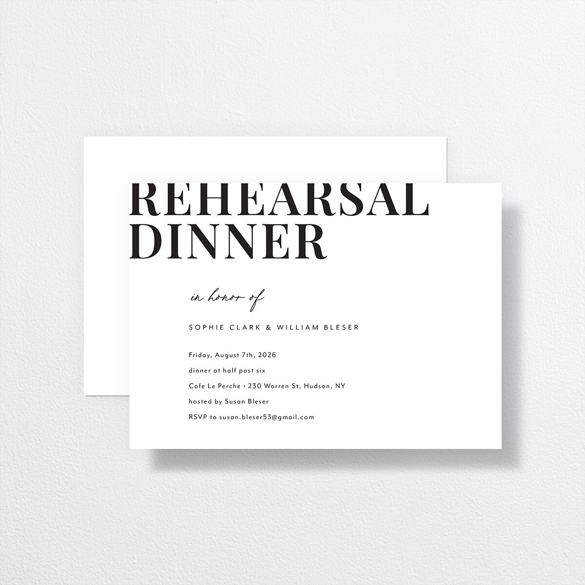 Modern Bodoni Rehearsal Dinner Invitations front-and-back in white