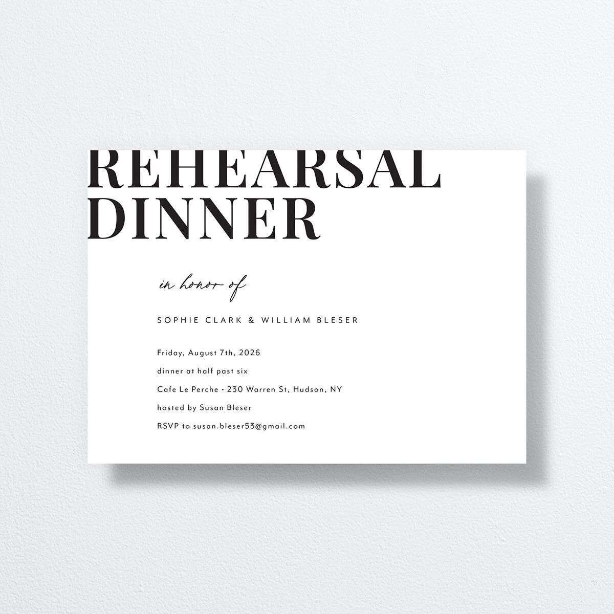 Modern Bodoni Rehearsal Dinner Invitations front in white