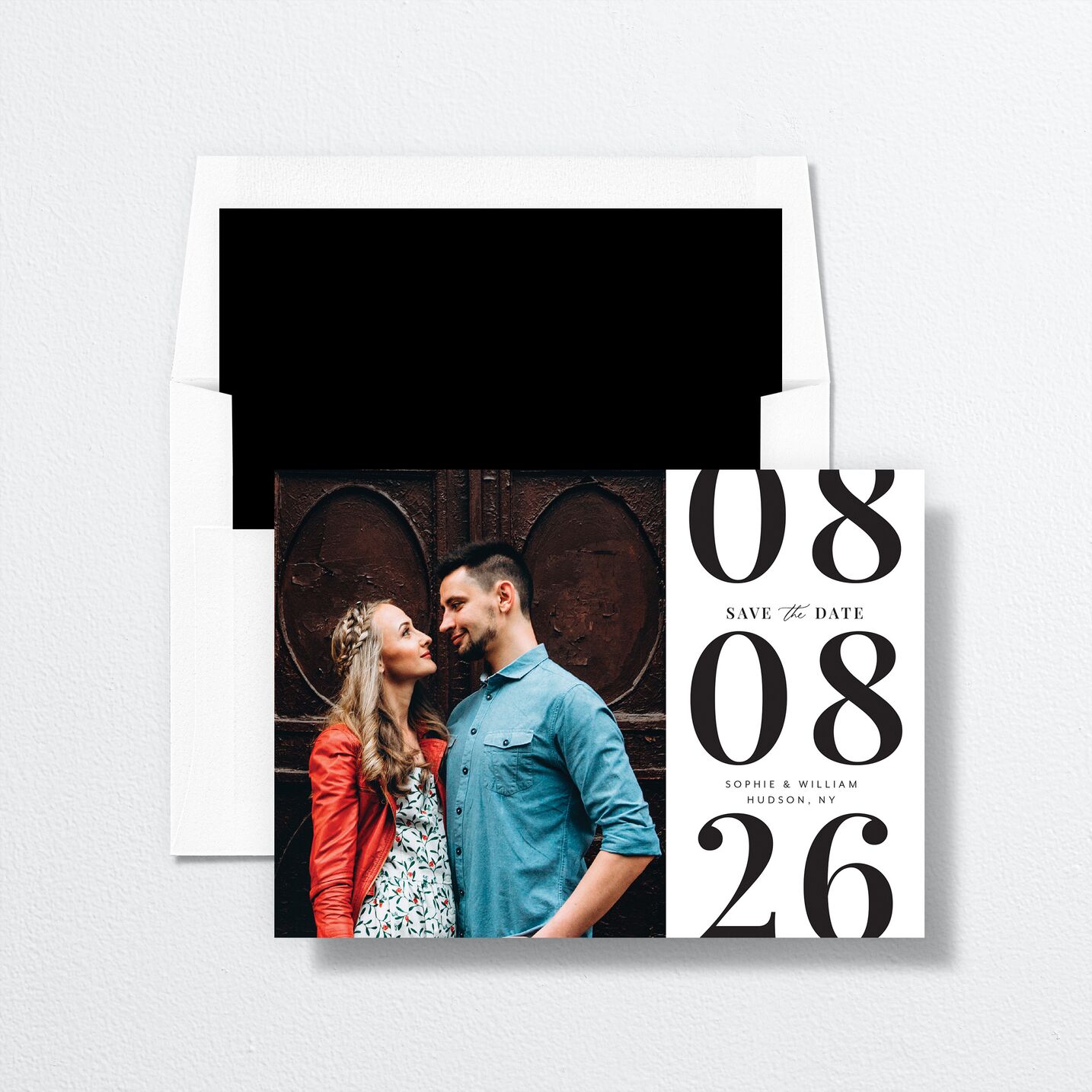 Modern Bodoni Save The Date Cards envelope-and-liner in white