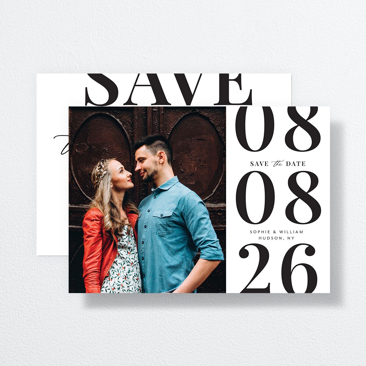 Modern Bodoni Save The Date Cards front-and-back in white