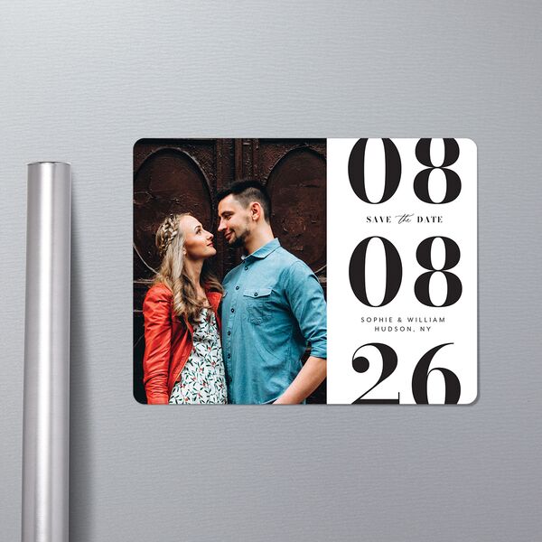 Modern Bodoni Save The Date Magnets in-situ in White