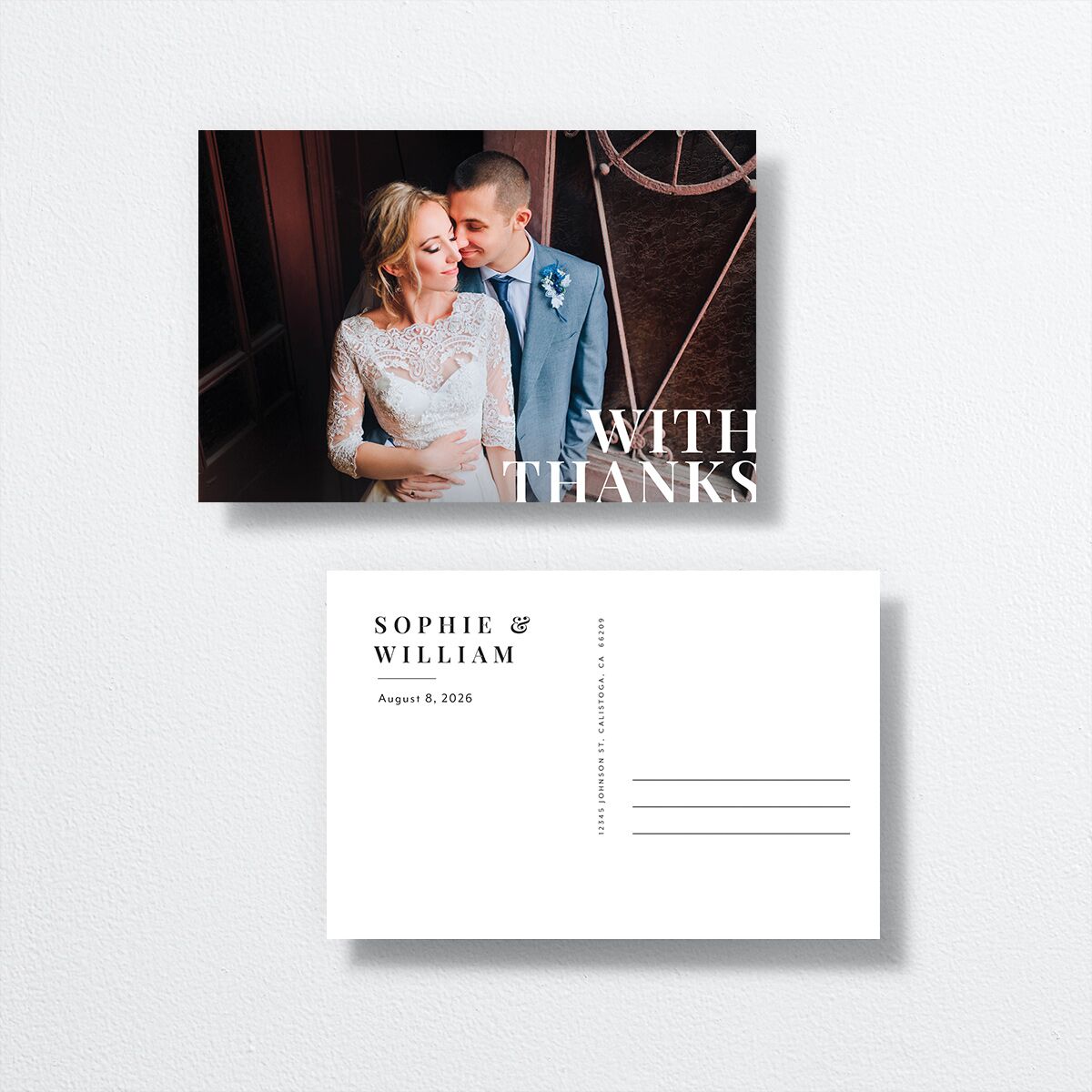 Modern Bodoni Thank You Postcards front-and-back in white