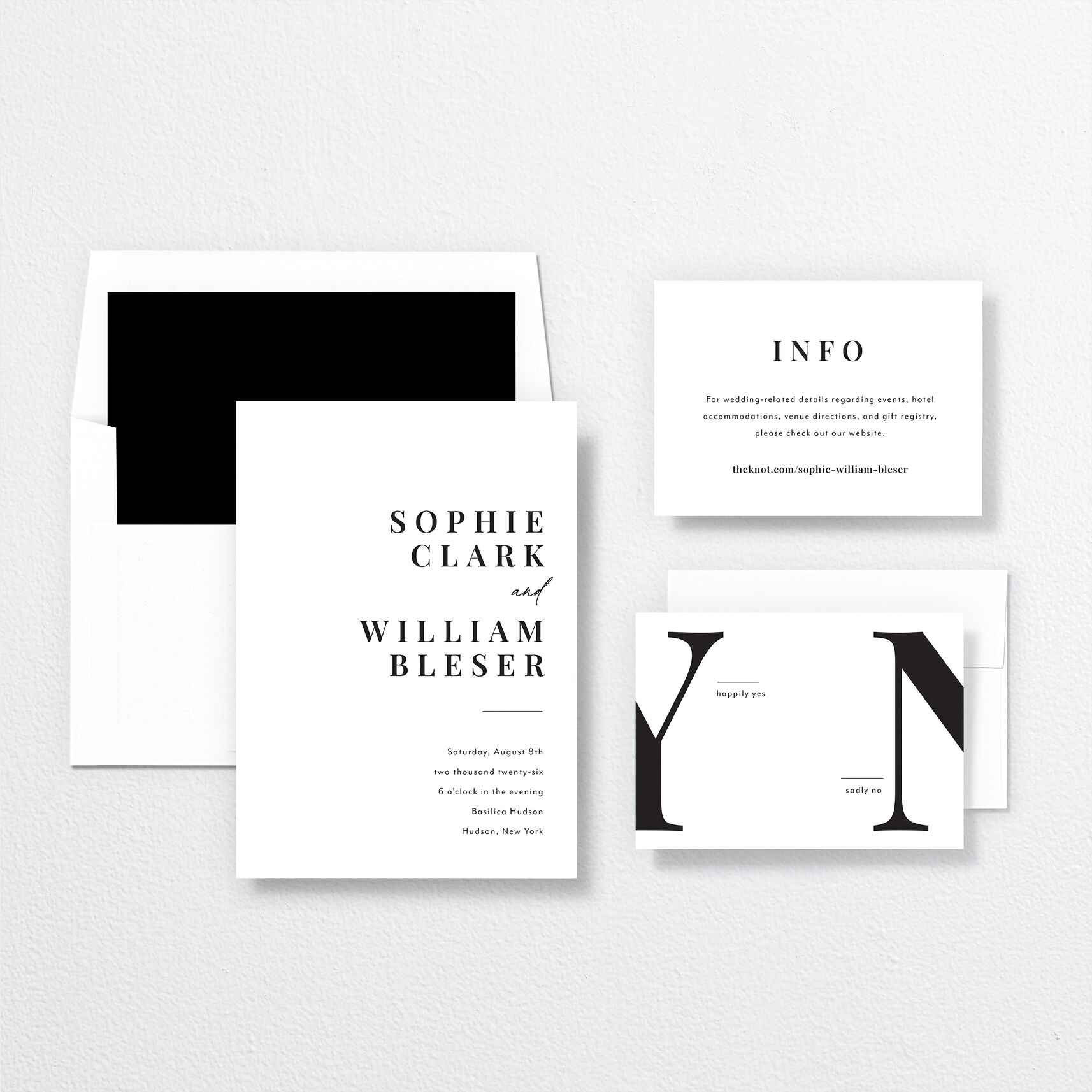 Modern Bodoni Wedding Invitations suite in white