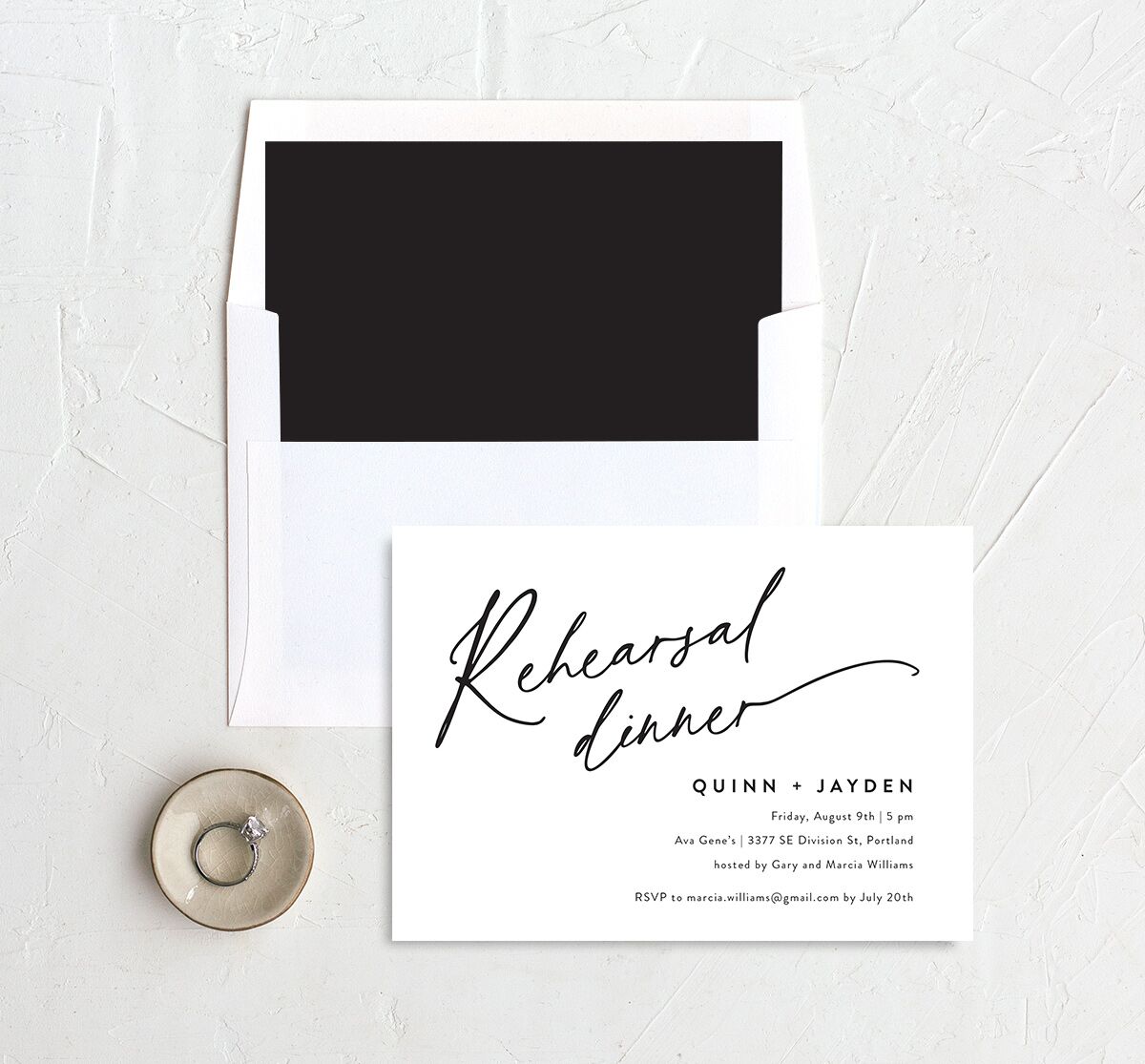 Effortless Elegance Rehearsal Dinner Invitations envelope-and-liner in white