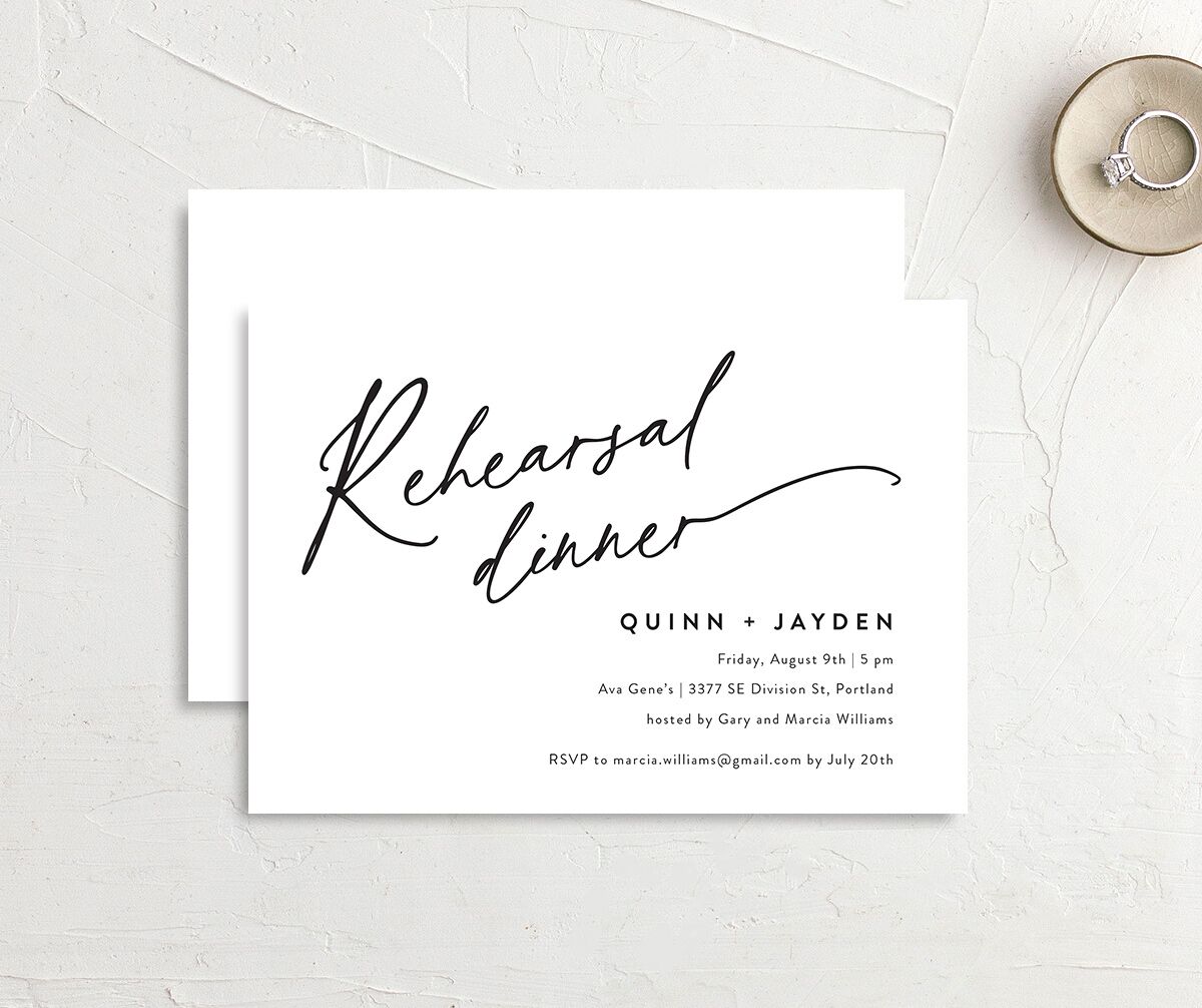 Effortless Elegance Rehearsal Dinner Invitations front-and-back in white