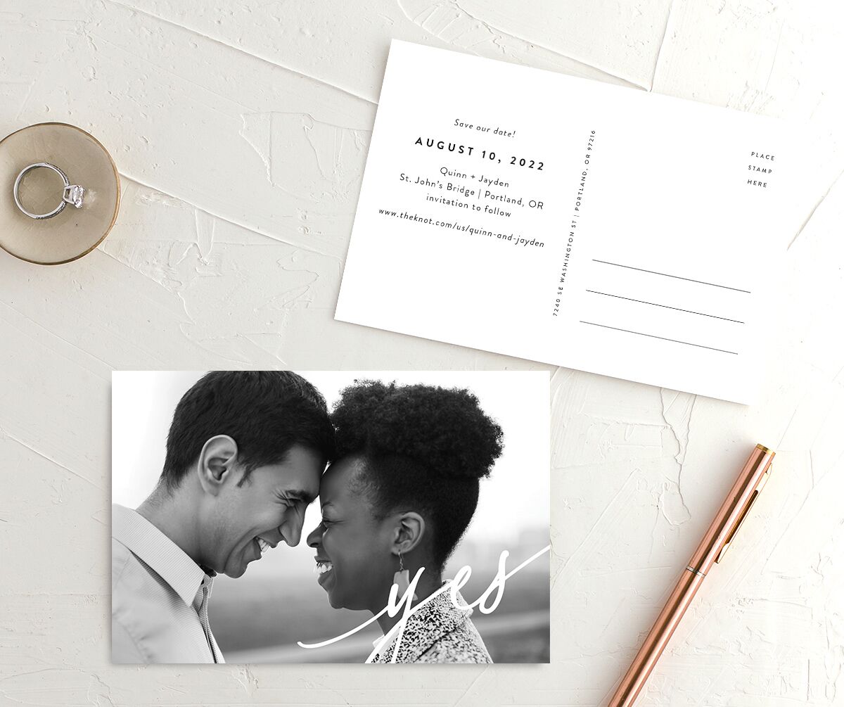 Effortless Elegance Save the Date Postcards front-and-back in white