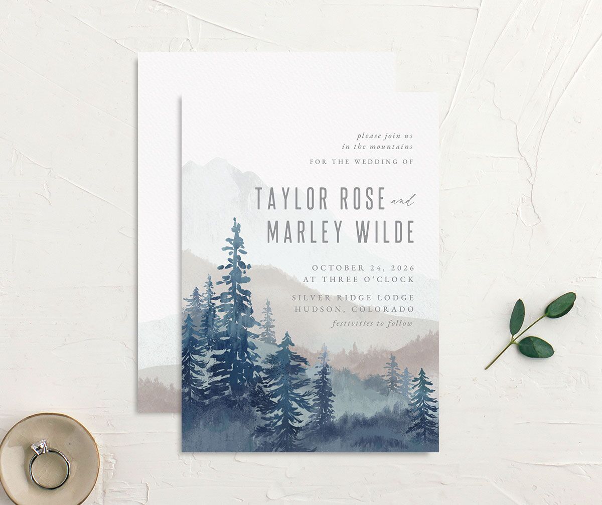 Painted Mountains Wedding Invitations front-and-back in blue