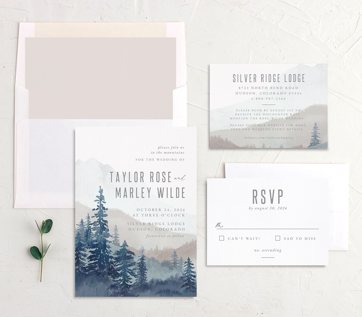 Painted Mountains Wedding Invitations suite in blue