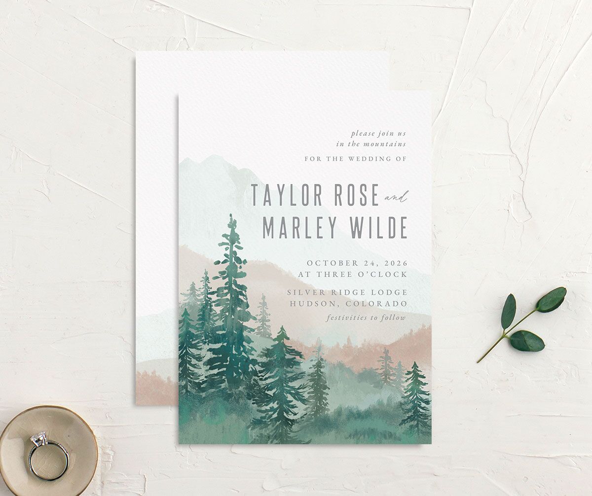 Painted Mountains Wedding Invitations front-and-back in green