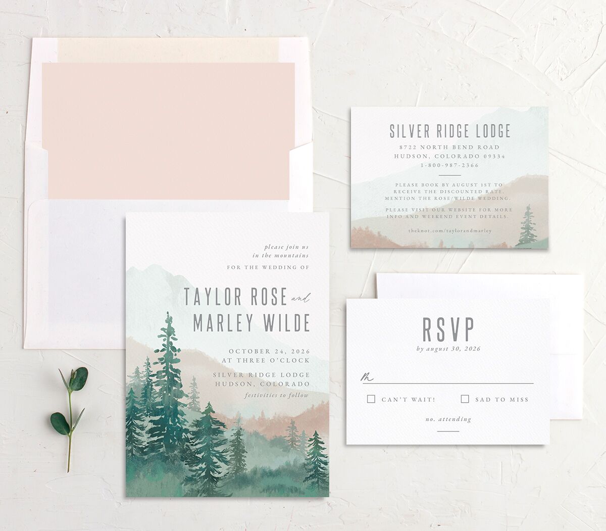 Painted Mountains Wedding Invitations suite in green