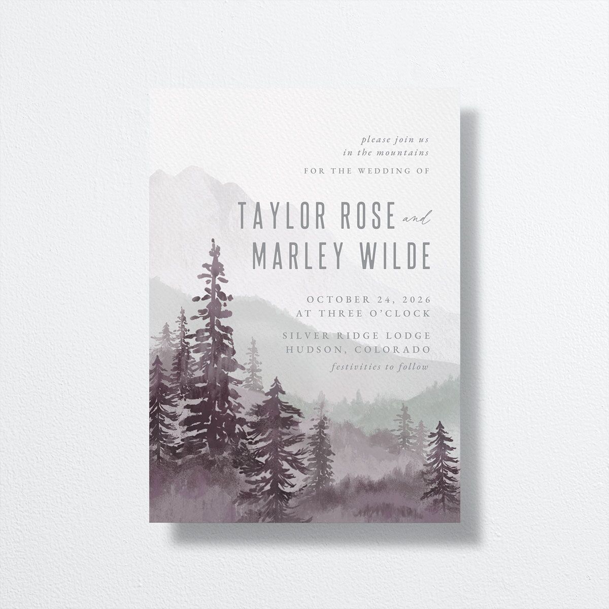 Painted Mountains Wedding Invitations front in purple